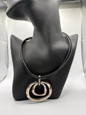 Chicos Silver Pendant Rubber Cord Necklace Boho Modernist
